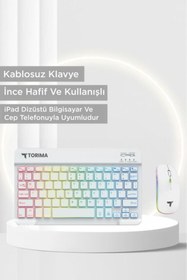 Resim Torima Kablosuz Klavye Mouse Seti Rgb Işıklı Şarj Edilebilir TMK09 Beyaz 