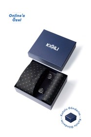 Resim Siyah 3'lü Desenli Kravat & Mendil & Kol Düğmesi Hediye Kutulu Set - Siyah 