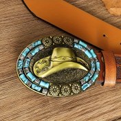 Resim Retro alaşım tokalı şık Western tarzı kemer, Turkuaz vurgulu PU deri, Erkekler ve Kadınlar için Altın Şapka Tasarımı 