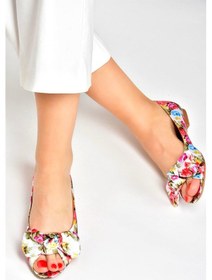 Resim Fox Shoes Beyaz/kırmızı Keten Çiçek Baskı Kadın Babet M726103004 Beyaz/kırmızı-keten Beyaz - Kırmızı 