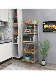 Resim Metallica Concept Başak Krom Mutfak Rafı Malzeme Dolabı 5 Raflı Mikrodalga Fırın Rafı Çok Amaçlı Dolap Kitaplık 
