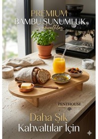 Resim Bambu Ayaklı Sunumluk 49,5x19,5 Cm Dekoratif Kahvaltılık Sunum Tepsisi Servis Ve Kesme Tahtası Açık Bej 