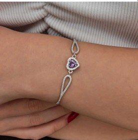 Resim Gümüş Mor Zirkon Taşlı Kalp Bileklik 