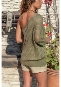 Resim Aqe Fashion Kadın Haki Tek Omzu Açık Triko Bluz-Haki 