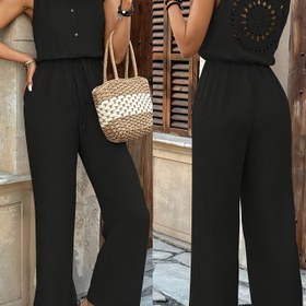 Resim Kadınların Şık Siyah Kolsuz Jumpsuit, Dantel Detaylı - Rahat Geniş Bacaklı Pantolon, Yuvarlak Yaka, Bahar/Yaz İçin Mükemmel, Rahat Kıyafet|Dantel Detaylı Jumpsuit|Kumaş 