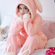 Resim Kadınların Sevimli Tavşan Peluş Kalın Pijama Takımı, Uzun Kollu Cep Detaylı Hoodie & Pantolon, Sonbahar & Kış İçin Rahat Bol Kesim 