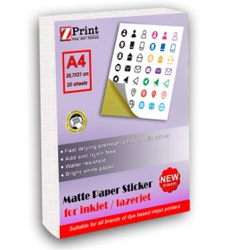 Resim zprint Inkjet Ve Lazer Tüm Yazıcılarla Uyumlu Mat Yapışkanlı Sticker Etiket Kağıt A4 20 Yaprak 