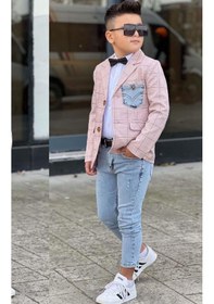 Resim Riccotarz Erkek Çocuk Çizgili Blazer Ceket Kot Pantolon Pudra Şeker Alt Üst Takım Pembe 