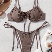 Resim Kadınlar İçin Tatil Stili Tek Renk Kesik Detaylı İp Bağcıklı Baskılı Üstüksüz Bikini Takımı 