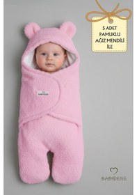 Resim Babyden's 0-12 Ay Welsoft Peluş Bebek Dış Kundak Uyku Tulumu Ayıcık Kulaklı İçi %100 Pamuk Astarlı Battaniye Pembe 