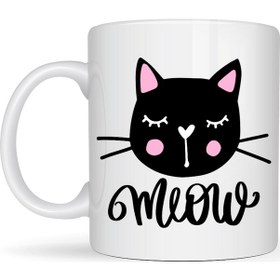 Resim Sevimli Kedi Desenli Porselen Kupa Model 63 Meow Yazılı Kahve &amp Çay Keyfi İçin Tatlı Tasarım Beyaz 