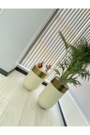 Resim evdeniste Dekoratif Eskitme Darbuka Beyaz Saksı 70cm + Sehpa 60cm Ikili Set 