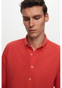Resim Ds Damat Slim Fit Nar Çiçeği Düğmeli Yaka %100 Pamuk Yazlık Flamlı Keten Görünümlü Gömlek 6HC02ORT63265 Narçiçeği 