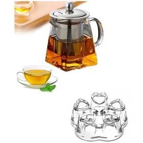 Resim Borosilikat Cam Metal Süzgeçli Ve Metal Kapaklı Piramit Demlik Ve Cam Isıtıcılı Set 950 ML Şeffaf 