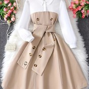 Resim Kızlar için Şık Renk Bloklu Elbise Kemer ve Düğme Detaylı - Siyah Beyaz Preppy A Kesim Okul veya Günlük Giyim için Elbise, Makinede Yıkanabilir, Polyester Karışımı, İlkbahar/Yaz/Sonbahar, Mevsimsel Moda | Beli Kemerli Elbise | Parlak Dokulu Kumaş, Sevimli Elbise 