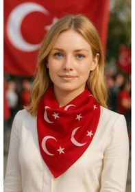 Resim Ay Yıldız Kırmızı Türk Bayrağı Temalı Pamuk Kumaş Fular50x50 Kırmızı Gül 