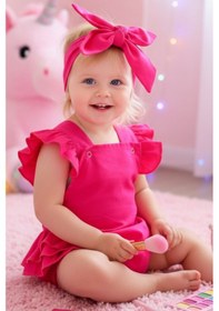 Resim Kız Bebek Pembe Pamuklu Salopet Bandana Takım Tkm-0032 Pembe 