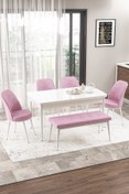 Resim Canisa Via Serisi, Beyaz Benchli Yemek Masası Takımı 4 Pembe Sandalye 1 Pera Bench 