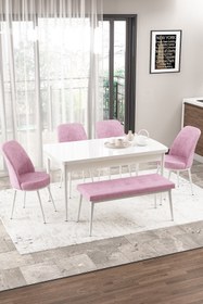 Resim Canisa Via Serisi, Beyaz Benchli Yemek Masası Takımı 4 Pembe Sandalye 1 Pera Bench 