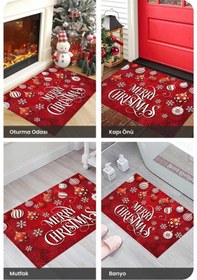 Resim Brillahome Yılbaşı Desenli Kırmızı Kapı Önü Paspası, Yılbaşı Kapı Paspası 45x70cm Kırmızı 