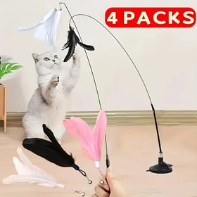 Resim 4 adet Kedi Tüyü Yem Çanak Oyuncak, 1 Kedi Teaser ve 3 Farklı Renkli Simüle Yapay Tüy Değiştirme Başlıkları dahil, Güçlü Emme Kupası Tabanı, Pil Gerektirmez, Tüm Irklar için Etkileşimli Oyunlar için Uygun 