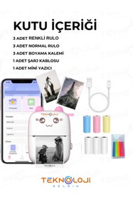 Resim Teknoloji Gelsin Mini Cep Yazıcı Taşınabilir Bluetooth Kablosuz Şarjlı 6 Rulo 3 Kalem Seti Hediye Pembe Yazıcı 