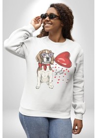 Resim Poodle Ve Beagle Sevililer Günü Hediyesi Unisex Beyaz Baskılı Sweatshirt Beyaz 