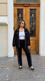 Resim Kadın Büyük Beden Uzun Kollu Fermuarlı Ara Biye Detaylı Bol Paça Eşofman Takımı 8240-26 - 4XL / Camel 
