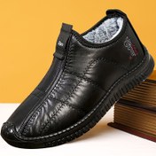 Resim Erkekler İçin Tüm Mevsim Casual Slip-On Kar Botları, Tek Renk, Kısa Bot Yüksekliği, Rahat Kalın Taban, Sıcak Yünlü Astar, Kaymaz PU Taban, Kumaş İç Malzeme, PU Üst ve Taban ile 