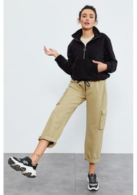 Resim Tommy Life Siyah Yarım Fermuar Etek Ucu Büzgülü Kadın Polar Oversize Sweatshirt - 97171 Siyah 