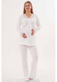 Resim Mecit Pijama Mecit 6330 Ekru Sabahlıklı Lohusa Pijama Takımı 