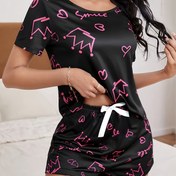 Resim Kadınlar İçin Sevimli Karikatür Kirpik Pijama Takımı - Siyah Kısa Kollu Üst & Pembe Şort, Yumuşak Polyester Karışımı, Makinede Yıkanabilir, Rahat Uyku Giysisi, Her Mevsim Pijamalar|Sevimli Kirpik Tasarımı|Yumuşak Kumaş 