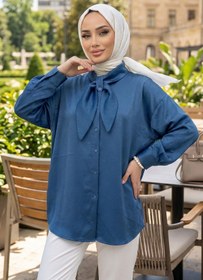 Resim adamila Kadın Petrol Fiyonk Detaylı Saten Oversize Tesettür Tunik Gömlek Uzun Kollu Şık Günlük Trend Tunik 