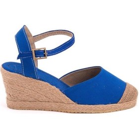 Resim Star Tombis Gerçek Elişi Topuğu Açık Burnu Hasırlı Bilekten Bantlı Dolgu Topuk Keten Hasır Espadril Handmade Saks Saks Mavi 