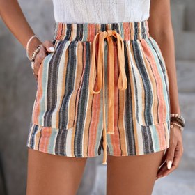 Resim Kadınlar İçin Şık Çizgili Baskılı İpli Şortlar - Hafif Polyester, Makinede Yıkanabilir, İlkbahar/Yaz/Sonbahar İçin Mükemmel 