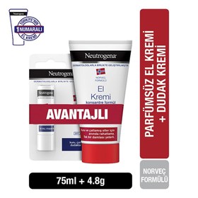 Resim Neutrogena Norveç Formülü Parfümsüz El Kremi 75 ml + Besleyici Dudak Nemlendirici 4.8 gr 