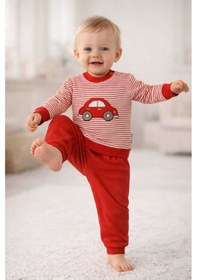 Resim Kabartma Araba Baskılı Bebek Takım Alt Üst %100 Pamuk Kırmızı 
