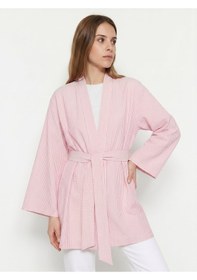 Resim Saade Sââde Kadın Dikey Çizgili Geniş Kollu Şık Yazlık Relaxed Kimono Pembe 