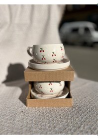 Resim Seramik El Yapımı Fincan Takımı 2'li Set Kiraz Desenli Beyaz - Kırmızı 