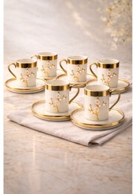 Resim 6 Kişilik Lüks Beyaz Gold Yaldızlı İnci Lotus Dallı Kahve Fincan Takımı Seti 100ml Altın - Beyaz 