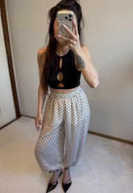 Resim MoyStore Krem Siyah Puantiyeli Beli Lastikli Şalvar Şık Pantolon 