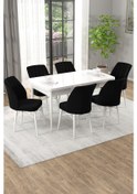 Resim Arel Beyaz 80x132 Açılabilir Mdf Masa Yemek Odası Takımı, Mutfak Takımı 6 Adet Sandalye Beyaz Masa - 6 Siyah - Beyaz Ayak 