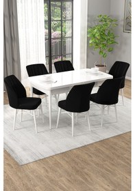 Resim Arel Beyaz 80x132 Açılabilir Mdf Masa Yemek Odası Takımı, Mutfak Takımı 6 Adet Sandalye Beyaz Masa - 6 Siyah - Beyaz Ayak 