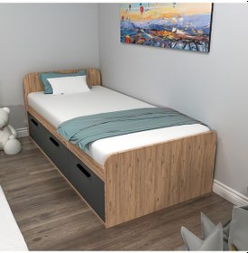 Resim Arnetti Akser 90x190 Cm Yatak Uyumlu 3 Kapaklı Dolaplı Tek Kişilik Karyola Atlantik Çam Antrasit - Akser 