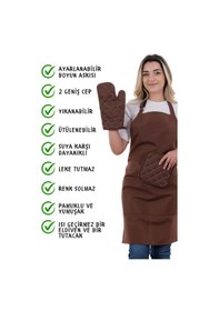 Resim Simple 3lü Set Ayar Askılı Mutfak Önlüğü Seti Eldiven, Tutacak Kahverengi 