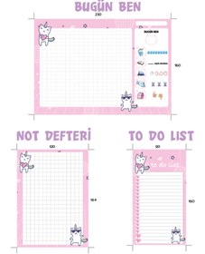 Resim E OLUR Bugün Ben Sorumluluklarım Defteri - Not Defteri - To Do List - Cat Unicorn Desenli Üstten Tutkallı 