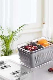 Resim Gri 3'lü 2,5 Litre Süzgeçli Bölmeli Organizer Buzdolabı Hava Geçirmez Saklama Kabı 