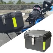 Resim PP plastikten yapılmış 45 litre (45.01 L) kapasiteli motosiklet bagajı, darbe emici kalın su geçirmez tabanlı, iç dekorasyon için rahat sırtlık içerir, BMW ve Yamaha gibi markalarla uyumlu, motor kişiselleştirme, teslimat depolama ve kask saklama için uygun 