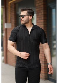 Resim Erkek Kısa Kollu Çizgili Gömlek Siyah 