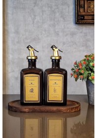 Resim Khakma Ahşap Standlı Amber Gold Zeytinyağı Sirke Şişesi Yağlık Yağdanlık 2'li Set 